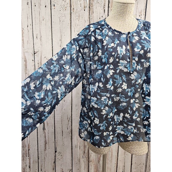ALK Women's M Abercrombie & Fitch Blue Floral Sheer Peasant Blouse Shirt Top NEW - Picture 2 of 11